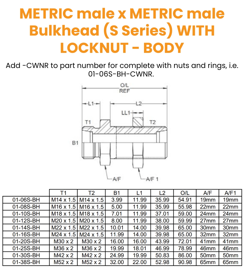M14 (6S) M/M Bulkhead C/W Lock Nut Hydraulic Adaptor